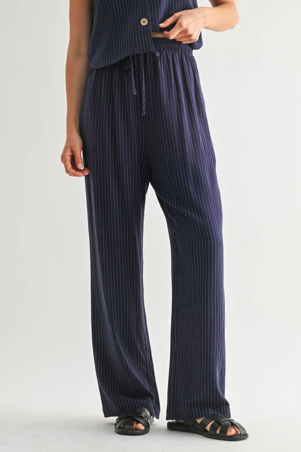 Striped Tie Front Pants-Navy White