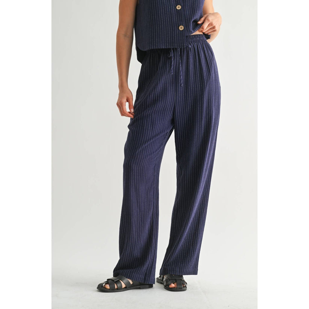 Striped Tie Front Pants-Navy White