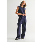Striped Tie Front Pants-Navy White