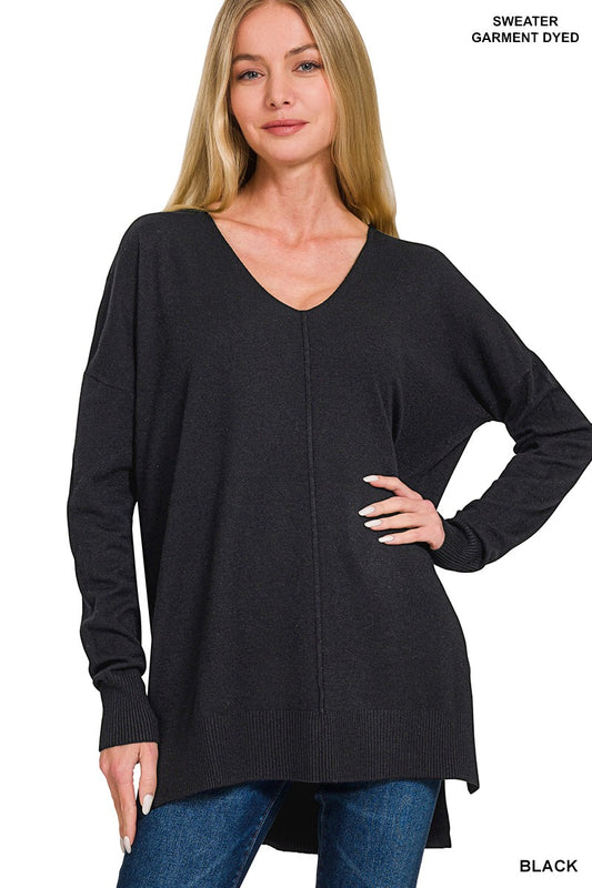 Hi-Lo Hem V-Neck Sweater-Black