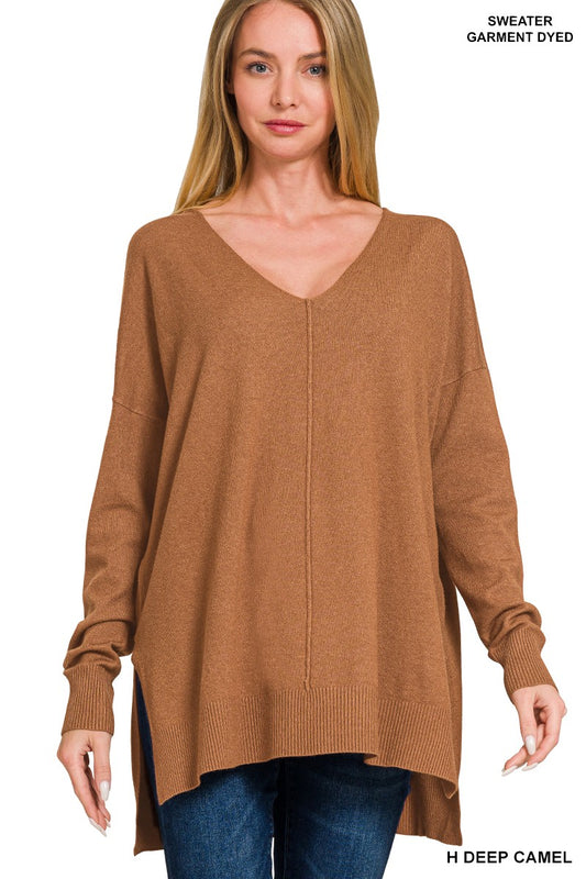 Hi-Lo Hem V-Neck Sweater-Heather Camel