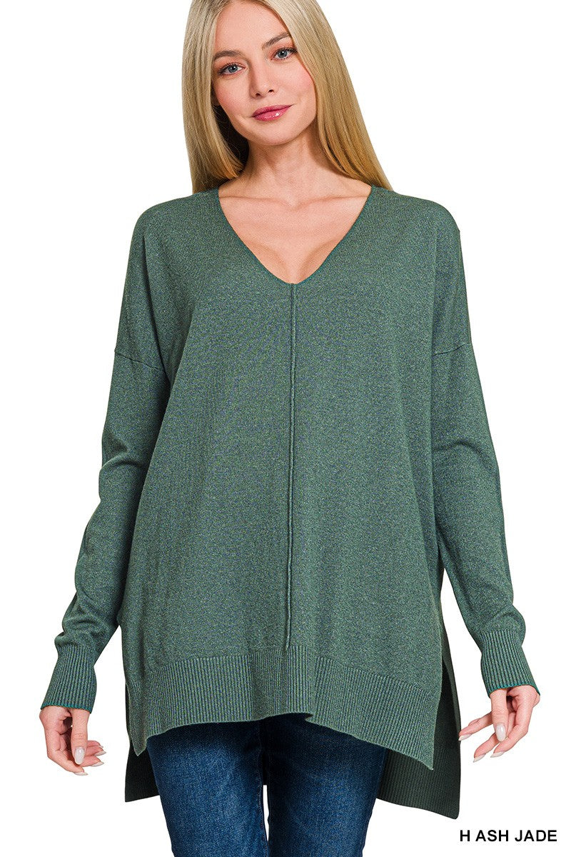 Hi-Lo Hem V-Neck Sweater-Heather Ash Jade