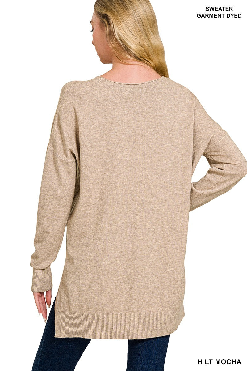 Hi-Lo Hem V-Neck Sweater-Heather Lt Mocha