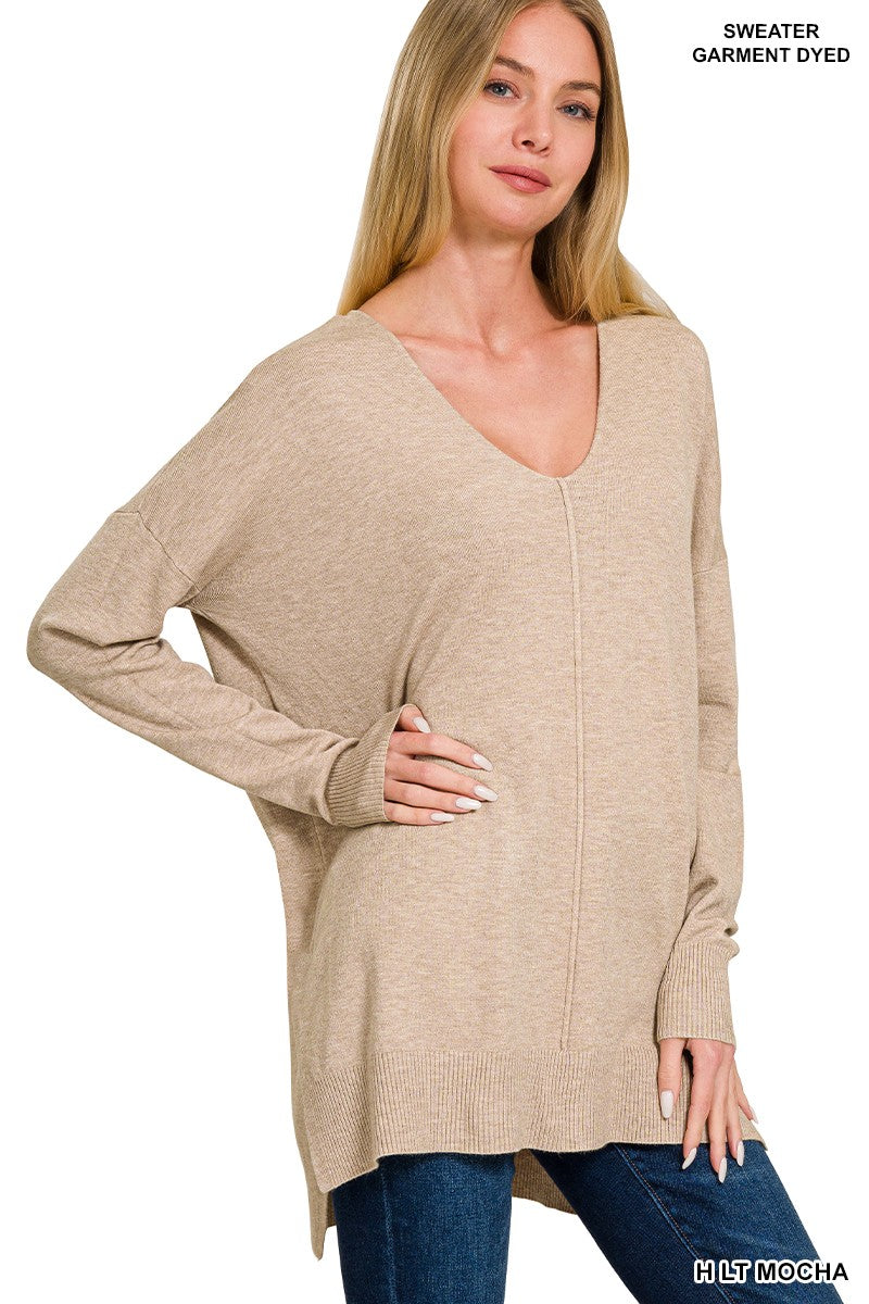 Hi-Lo Hem V-Neck Sweater-Heather Lt Mocha