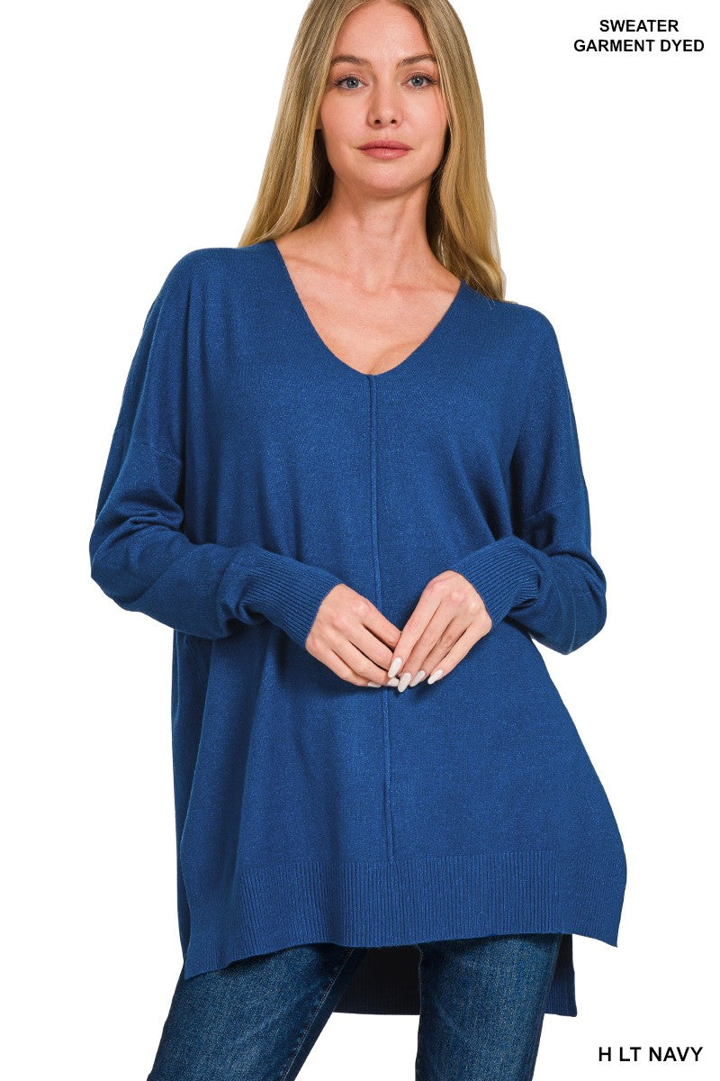 Hi-Lo Hem V-Neck Sweater-Heather Lt Navy