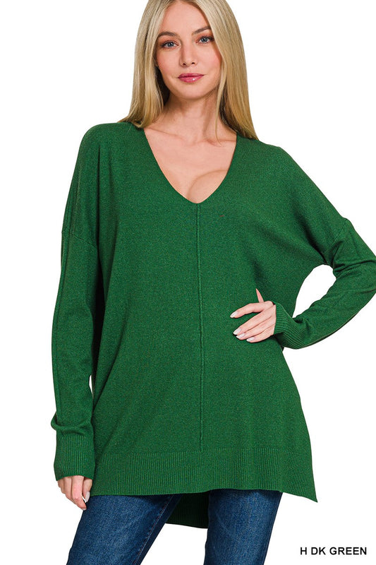  Hi-Lo Hem V Neck Sweater-Heather Dark Green