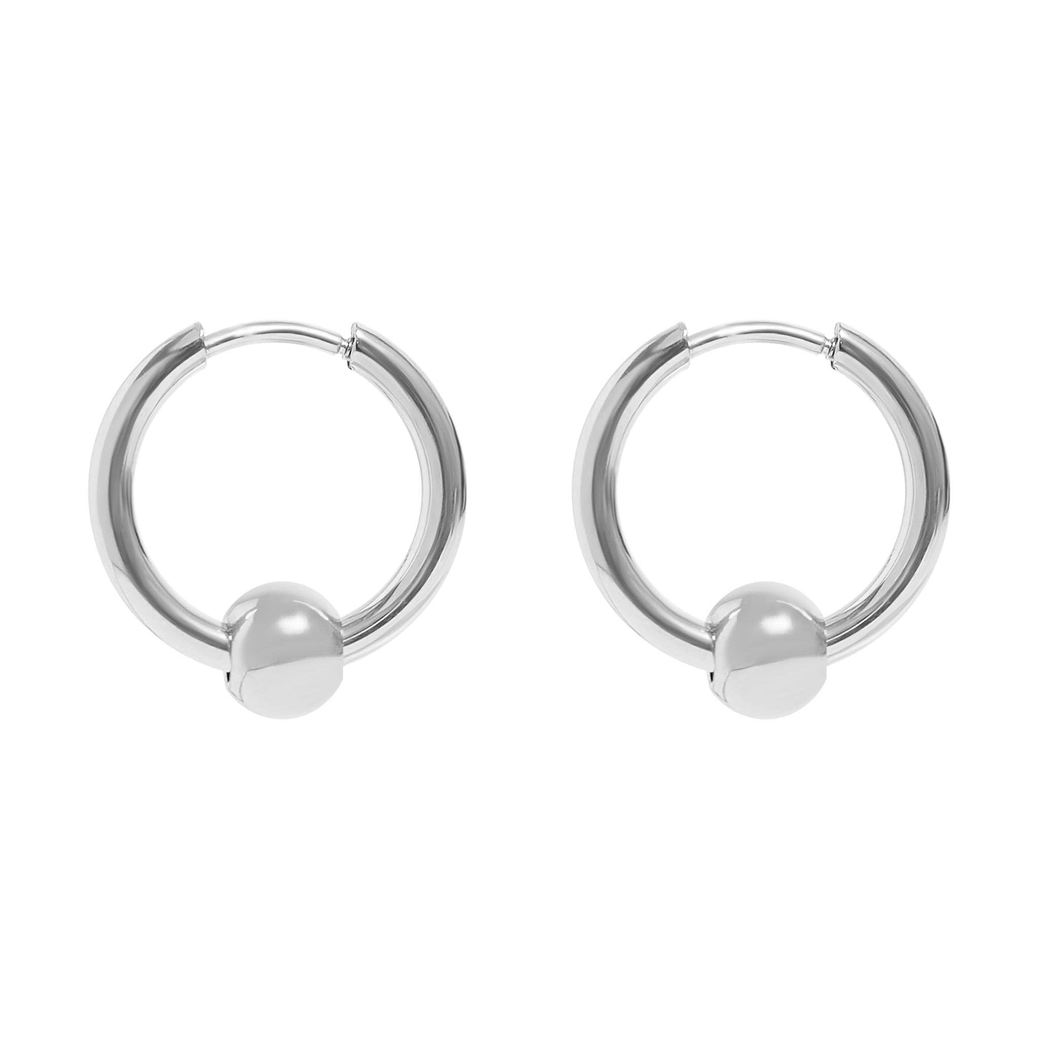 Pair of 18k silver plated ball charm huggie hoop earrings on a white background
