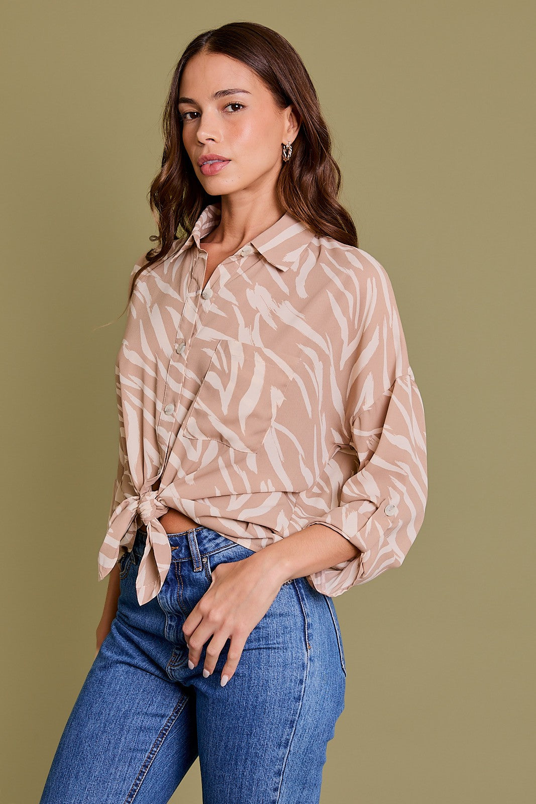 Roll-Up Sleeve Bottom Tie Blouse-Taupe Ivory Abstract