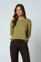 Gina Raw Edge Half Sleeve Top-Olive Knit