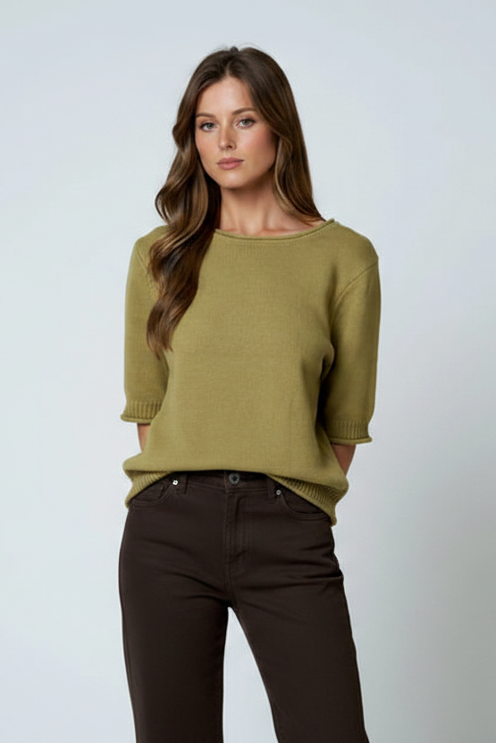 Gina Raw Edge Half Sleeve Top-Olive Knit