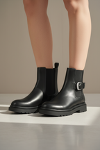 Glenna Low Heel Buckle Detail Ankle Boots-Black Vegan Leather