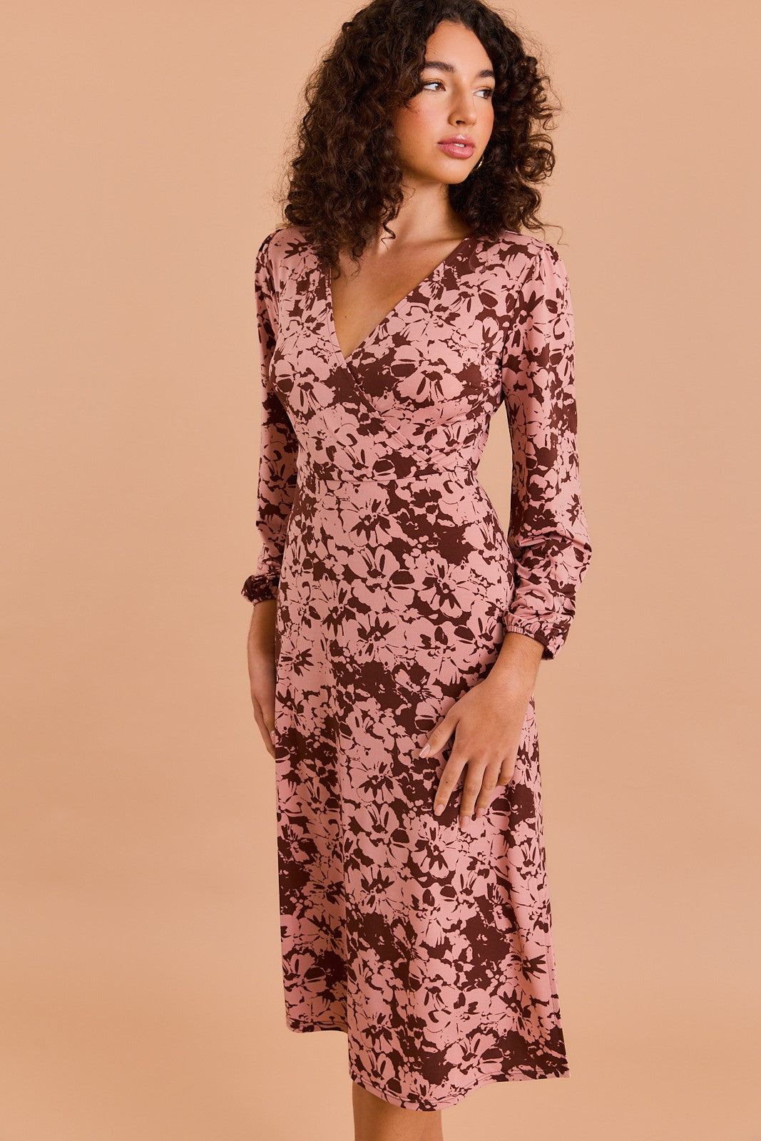 Long Sleeve Surplice Dress-Brown Apricot Floral