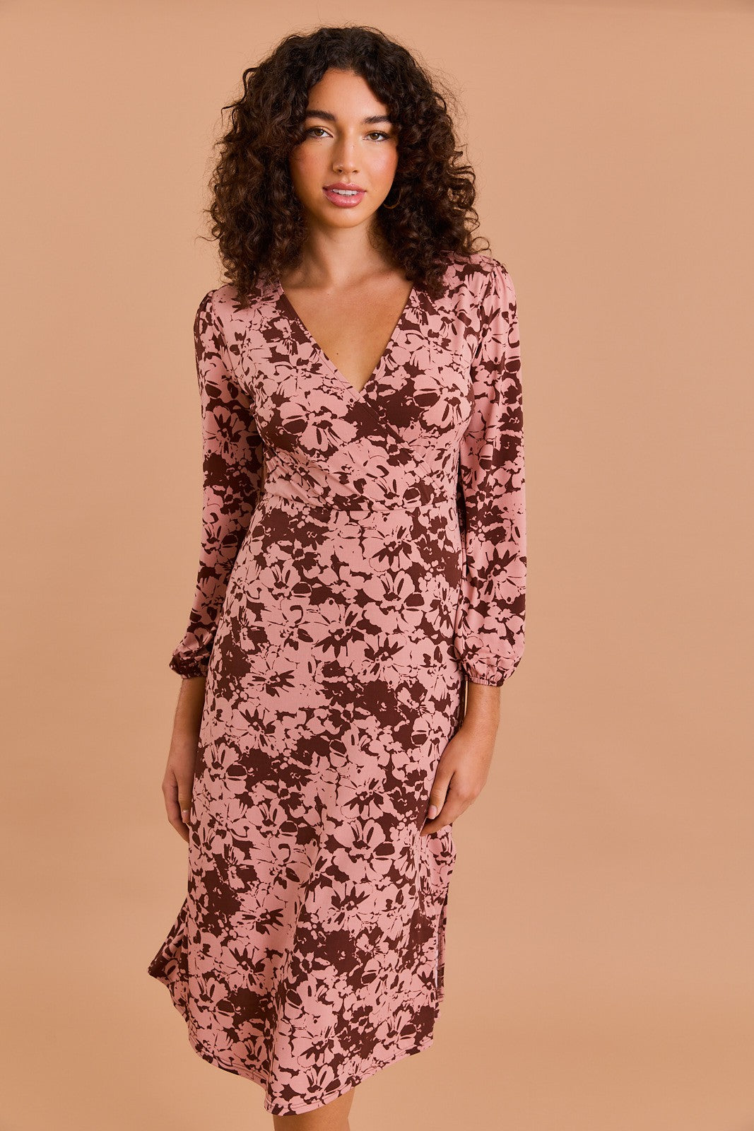 Long Sleeve Surplice Dress-Brown Apricot Floral