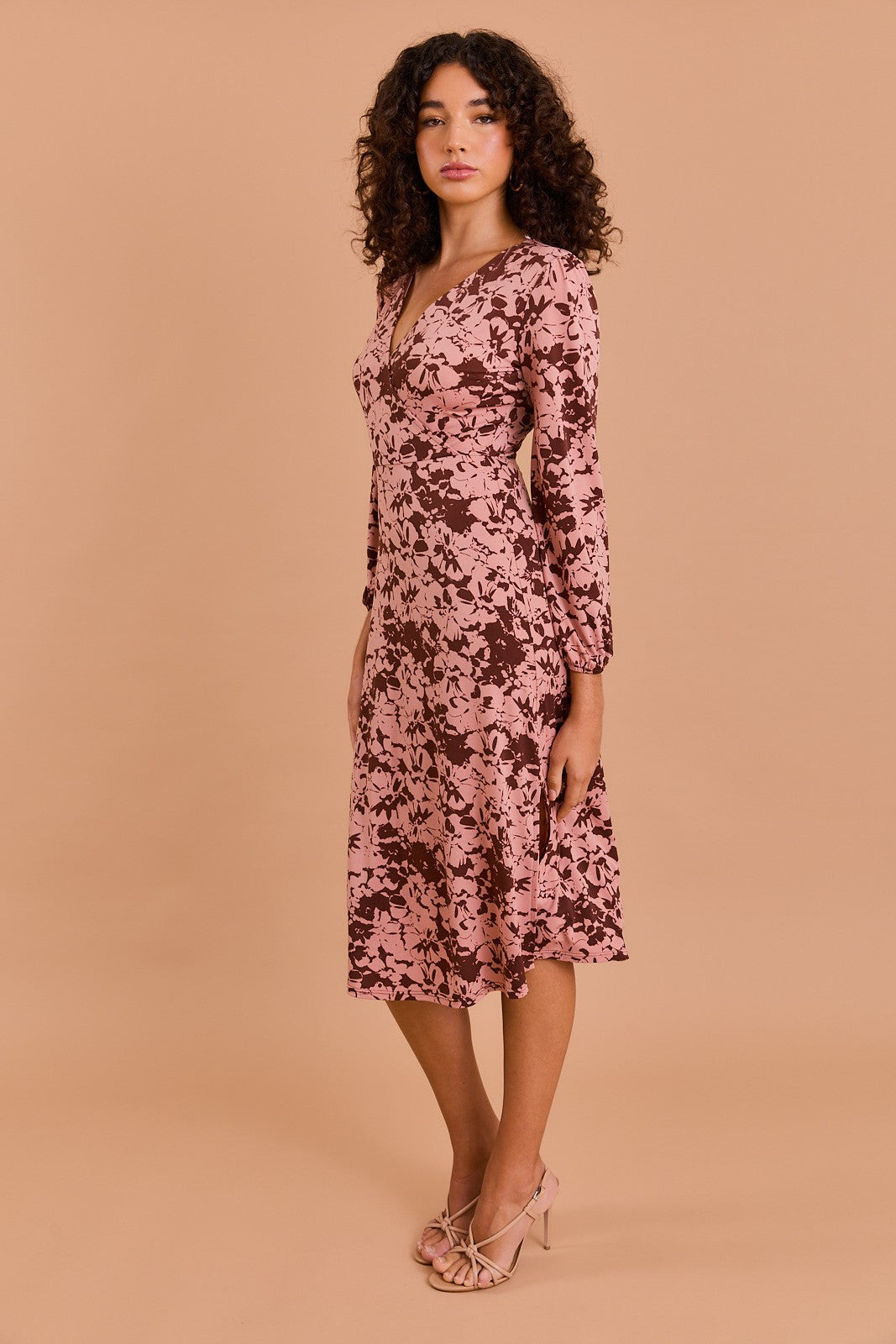 Long Sleeve Surplice Dress-Brown Apricot Floral