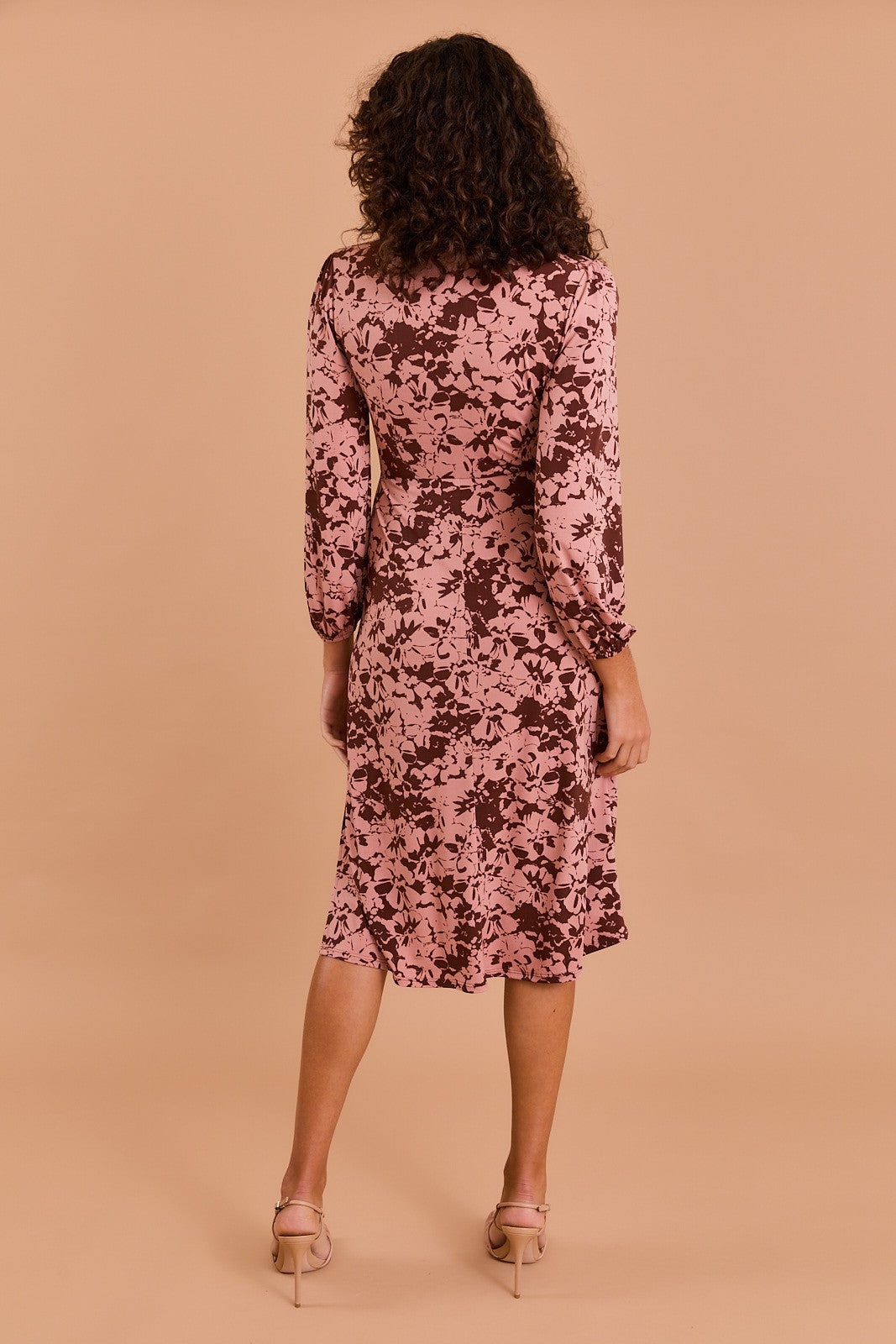 Long Sleeve Surplice Dress-Brown Apricot Floral