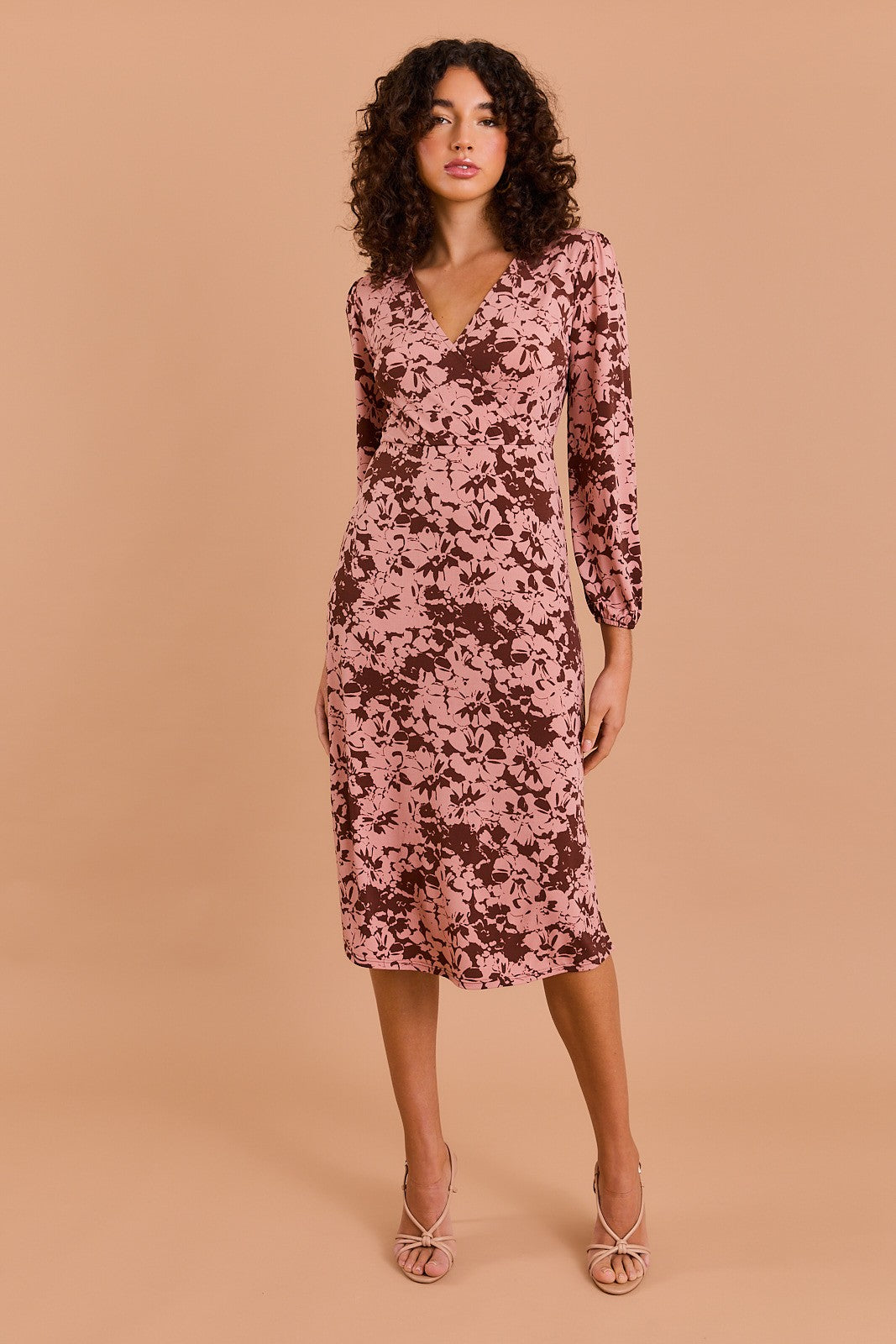 Long Sleeve Surplice Dress-Brown Apricot Floral