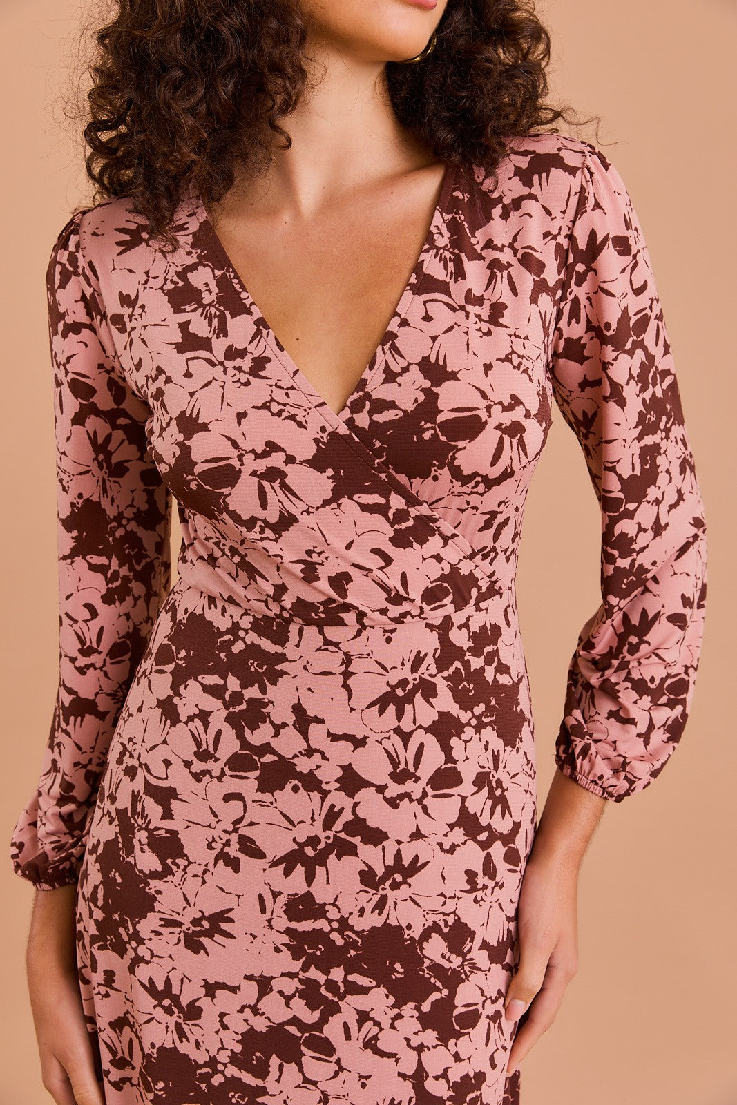 Long Sleeve Surplice Dress-Brown Apricot Floral