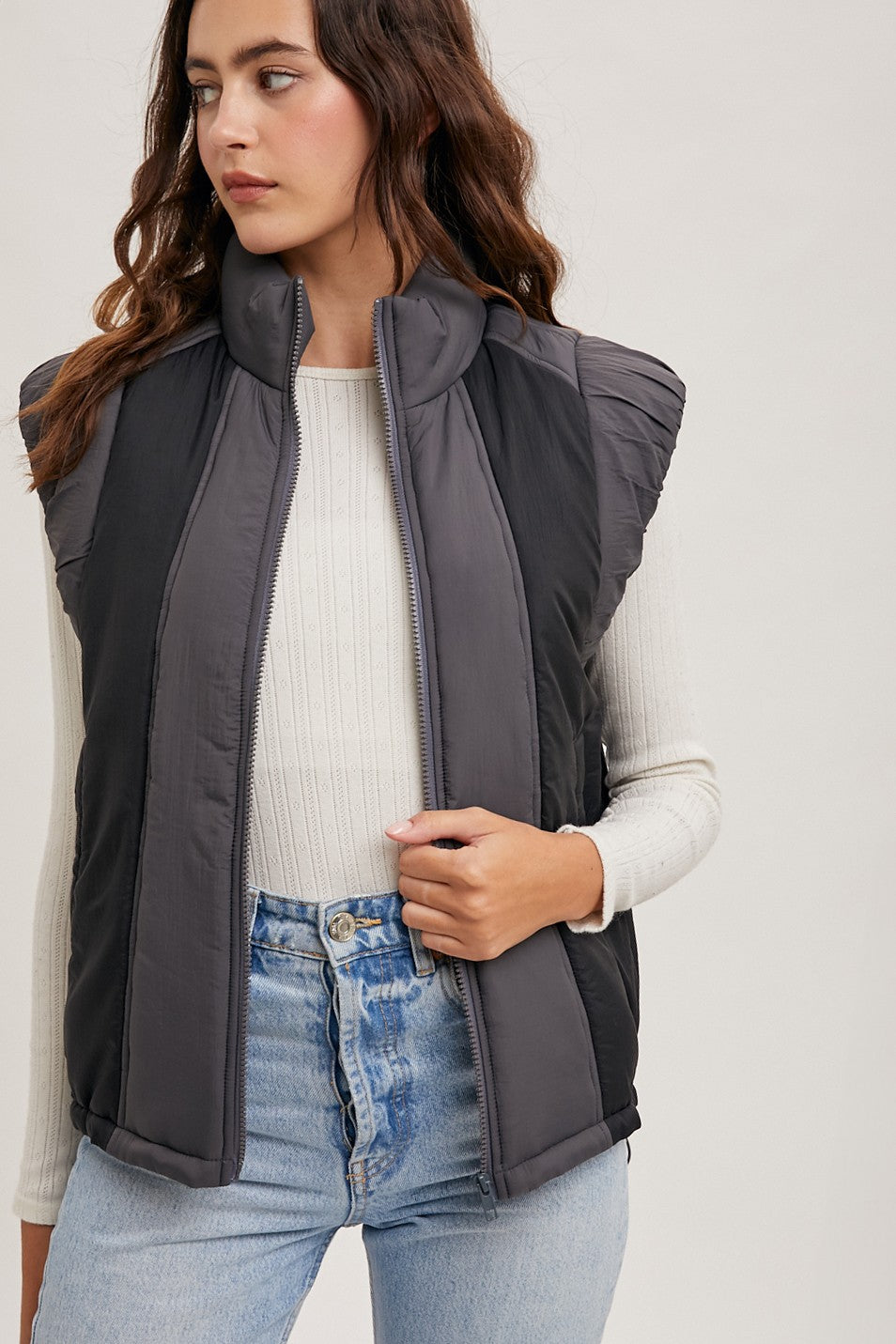 Contrast Puffer Zipper Vest-Ash Combo