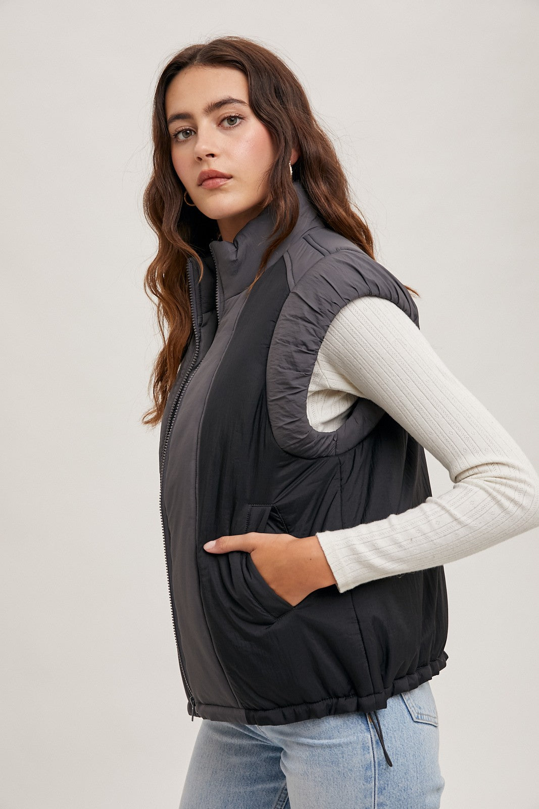 Contrast Puffer Zipper Vest-Ash Combo