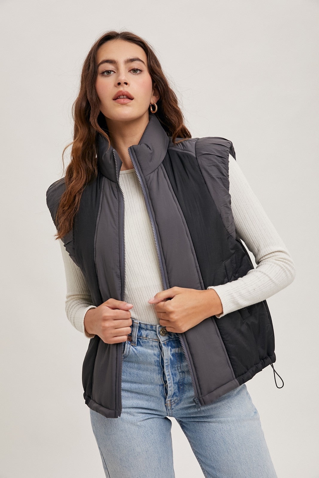 Contrast Puffer Zipper Vest-Ash Combo