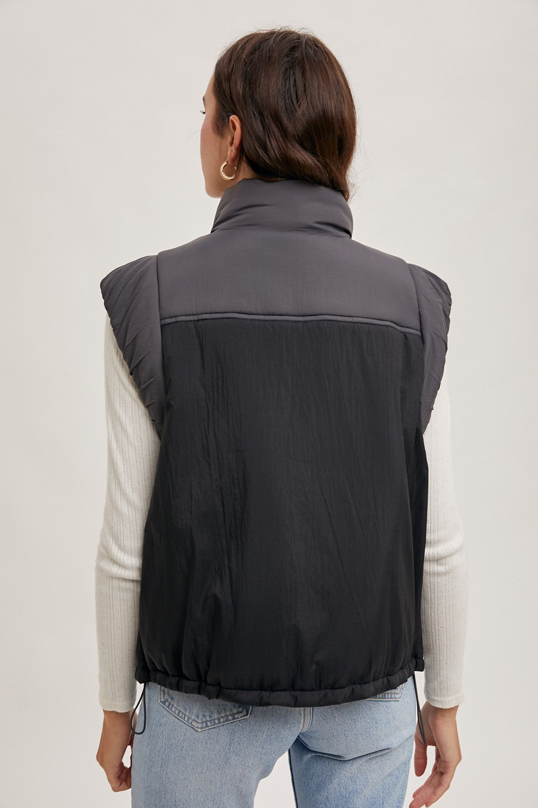 Contrast Puffer Zipper Vest-Ash Combo