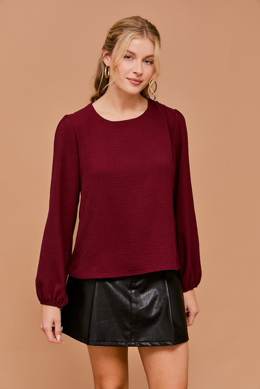 Long Sleeve Shirring Detail Top-Wine