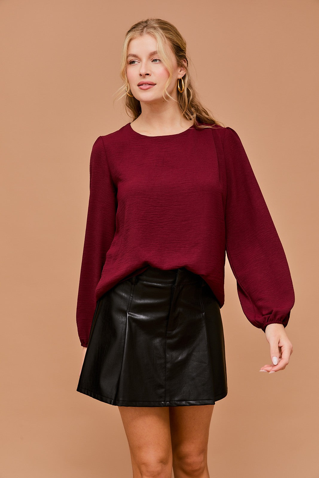 Long Sleeve Shirring Detail Top-Wine