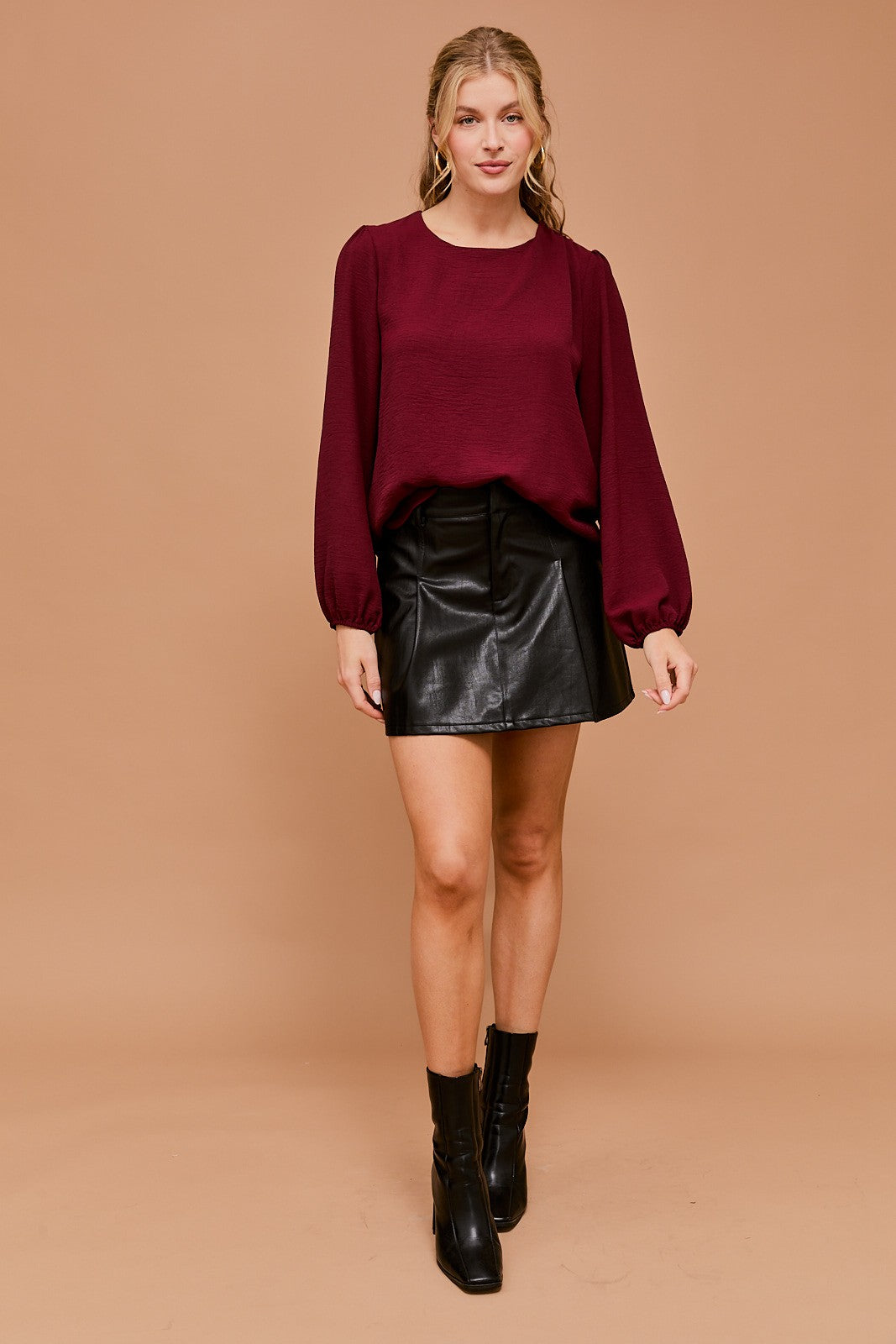 Long Sleeve Shirring Detail Top-Wine