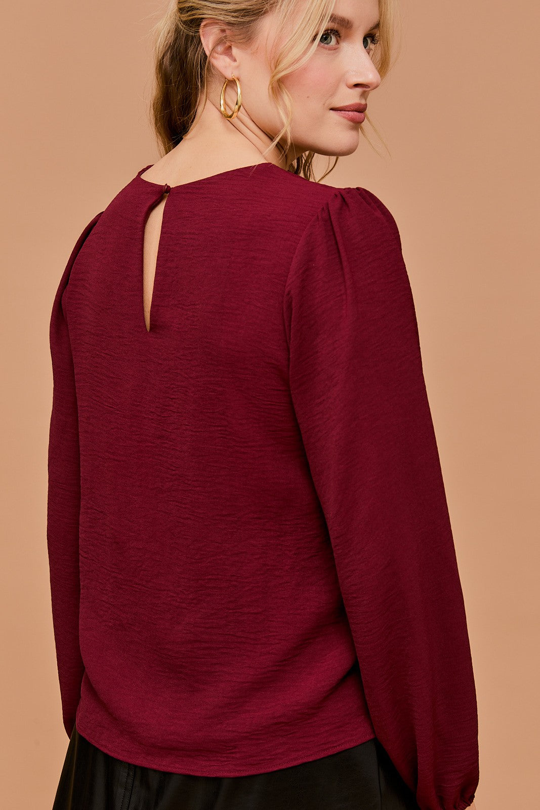 Long Sleeve Shirring Detail Top-Wine