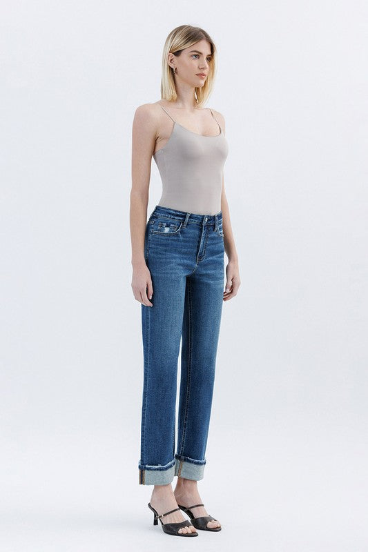HIgh Rise Cuffed Straight Denim-Medium