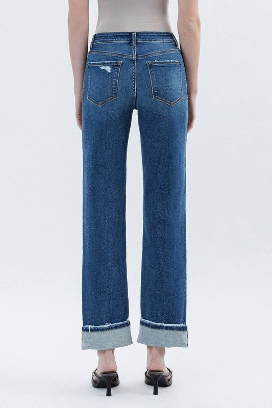HIgh Rise Cuffed Straight Denim-Medium