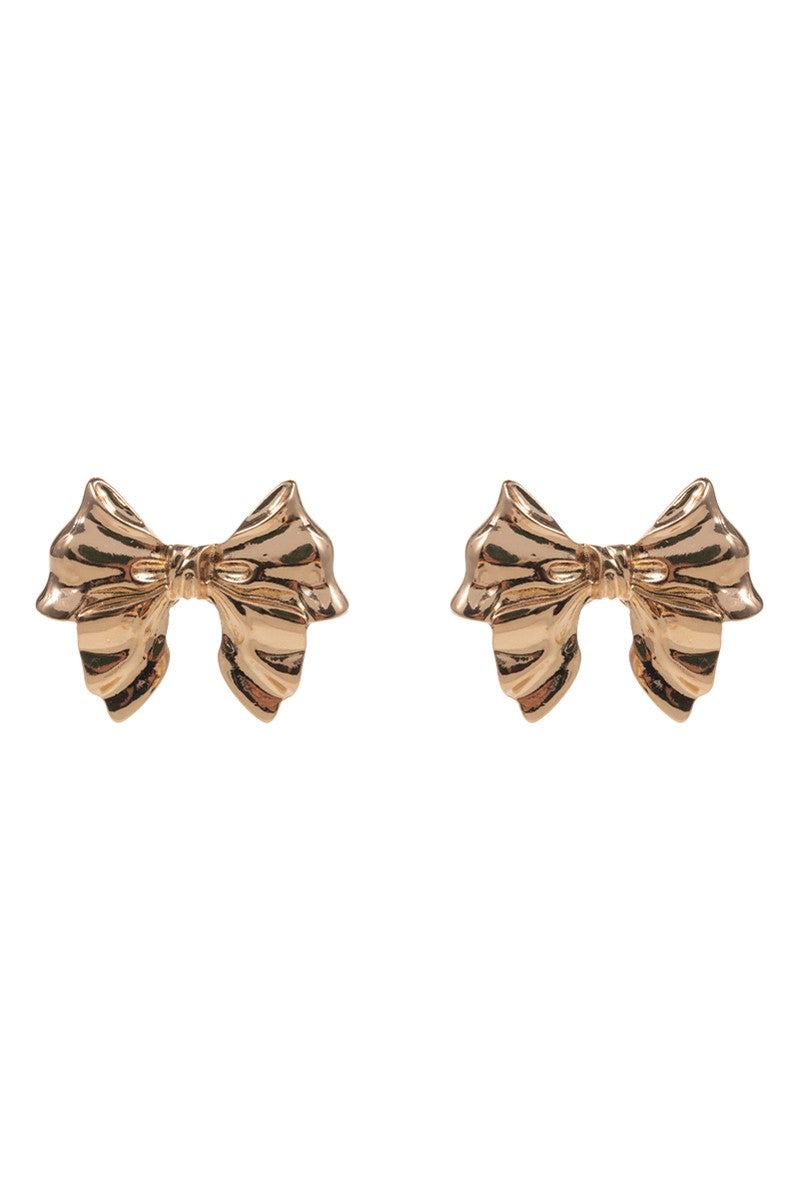 Ribbon Bow Shaped Post Earrings-Gold