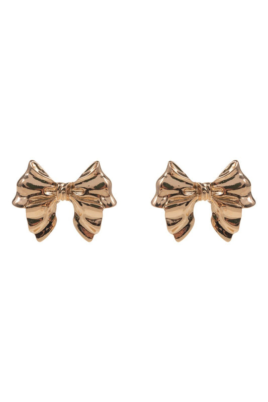 Ribbon Bow Shaped Post Earrings-Gold