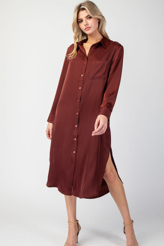 Long Sleeve Midi Shirt Dress-Rusted Wine