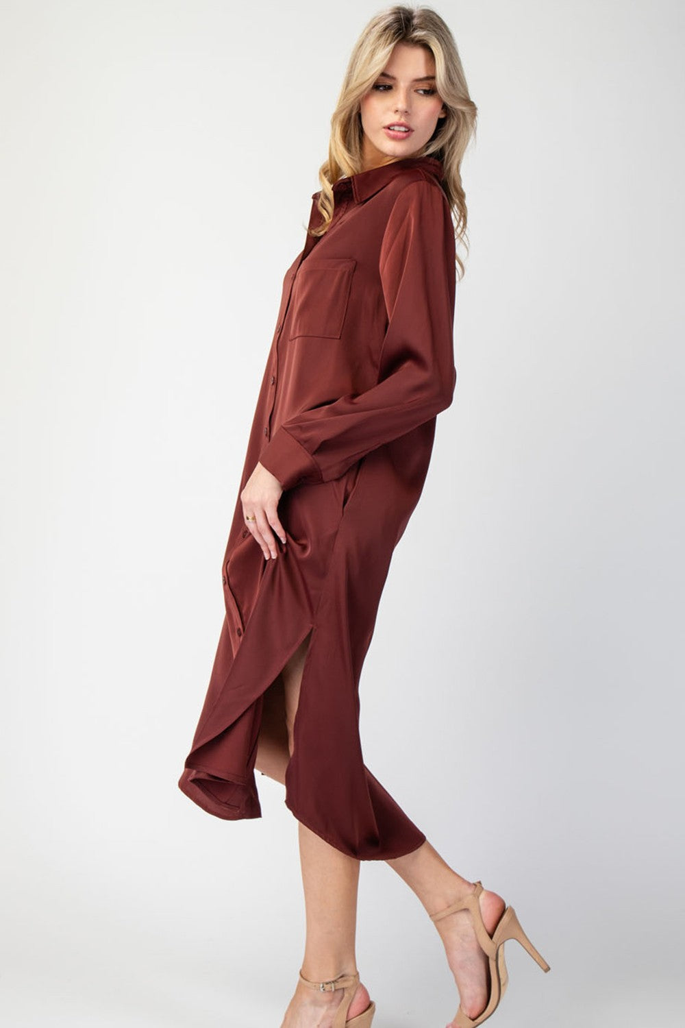 Long Sleeve Midi Shirt Dress-Rusted Wine