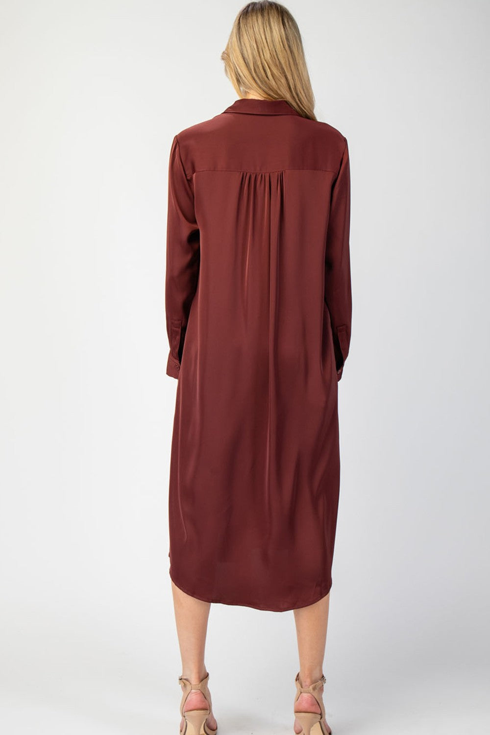 Long Sleeve Midi Shirt Dress-Rusted Wine