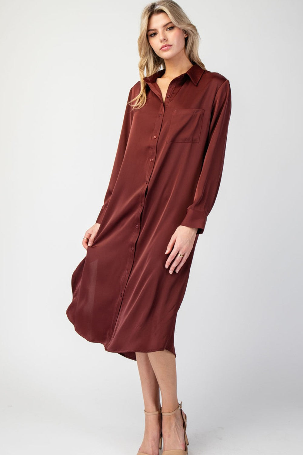 Long Sleeve Midi Shirt Dress-Rusted Wine