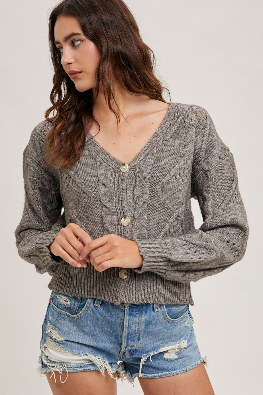 Cable Knit Cropped Sweater Cardigan-Ash Grey