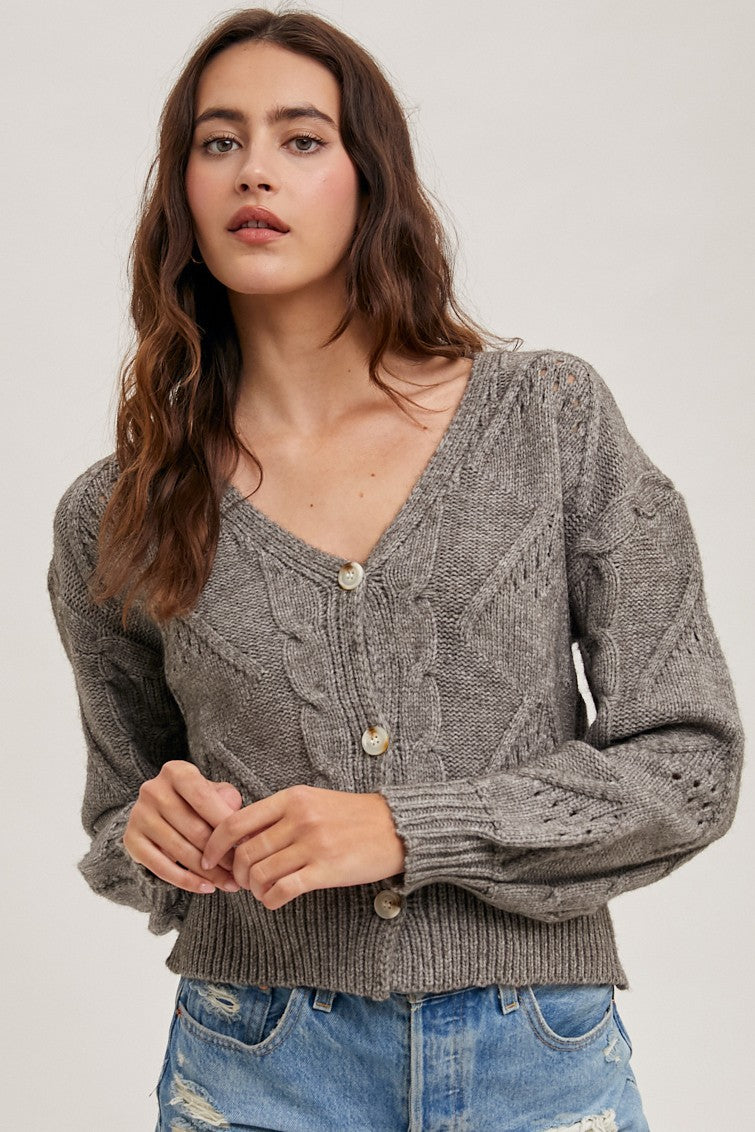 Cable Knit Cropped Sweater Cardigan-Ash Grey