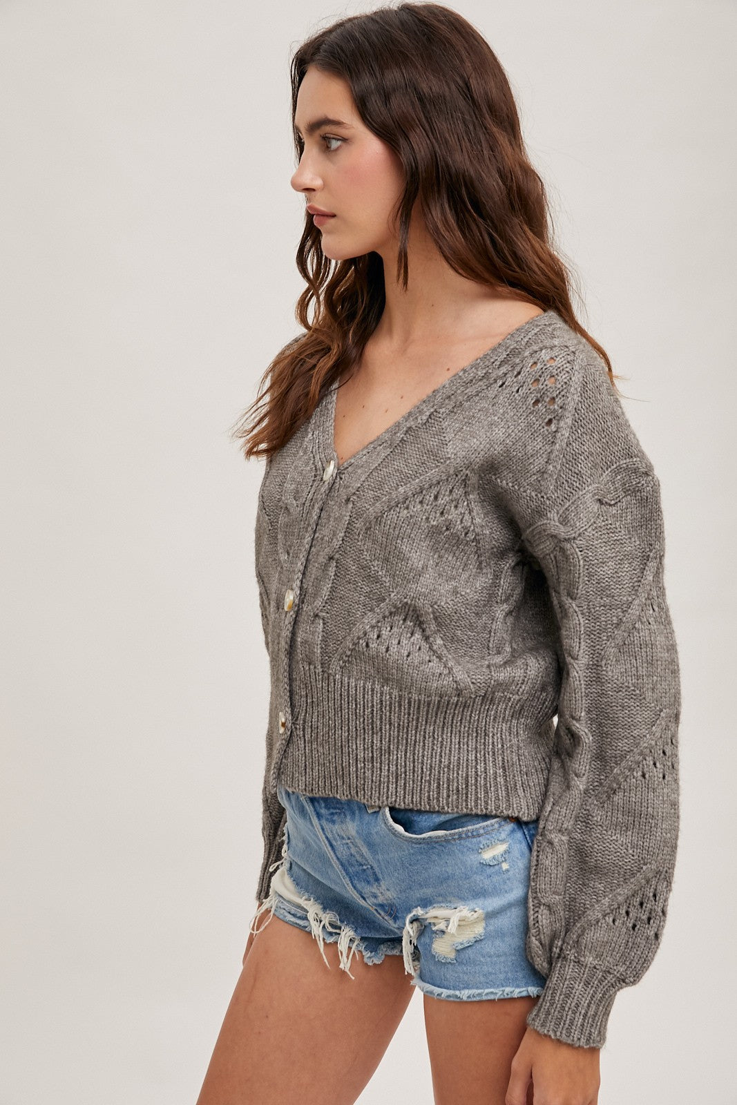 Cable Knit Cropped Sweater Cardigan-Ash Grey