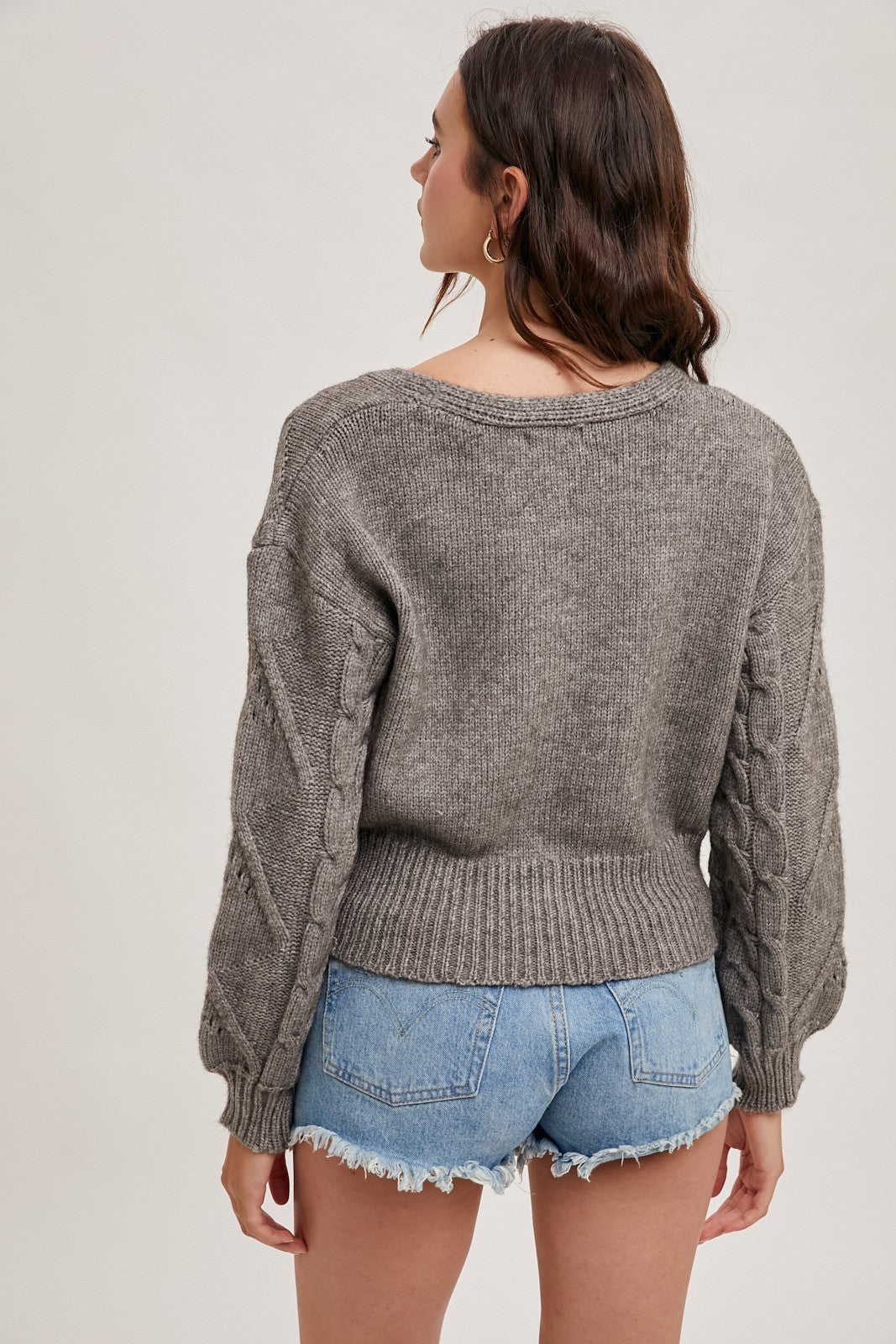 Cable Knit Cropped Sweater Cardigan-Ash Grey