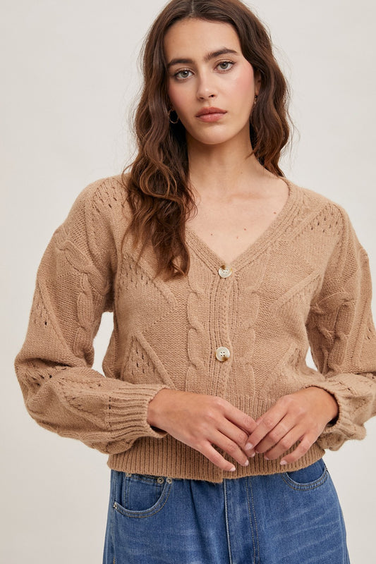 Cable Knit Cropped Sweater Cardigan-Latte