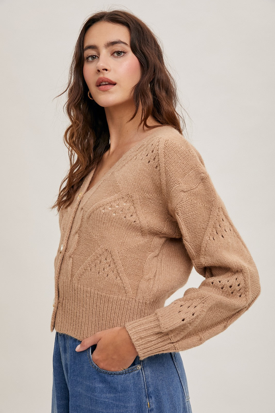 Cable Knit Cropped Sweater Cardigan-Latte