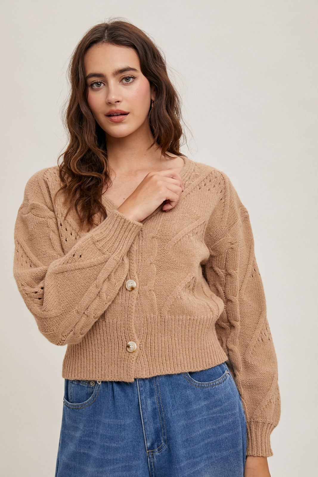 Cable Knit Cropped Sweater Cardigan-Latte