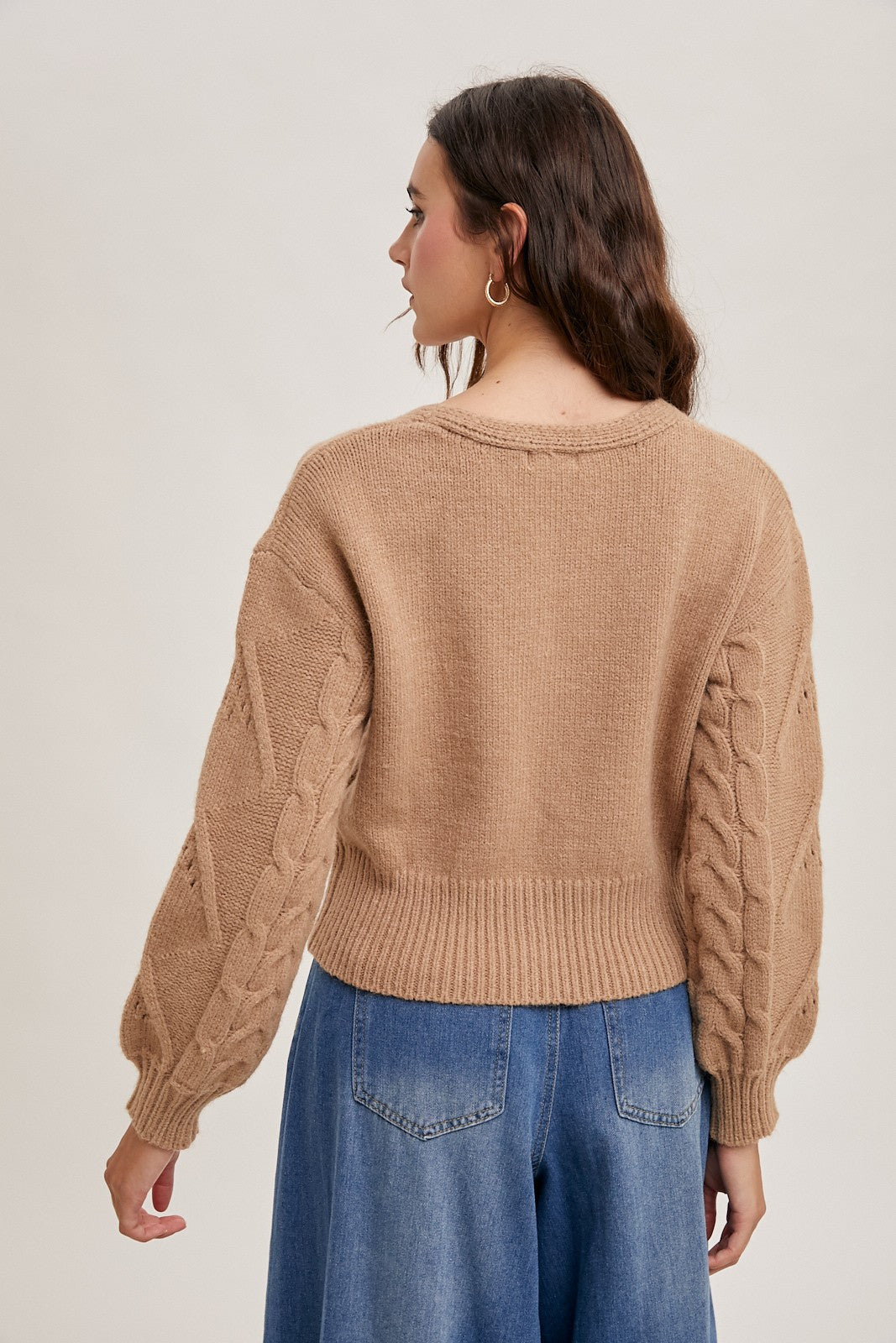 Cable Knit Cropped Sweater Cardigan-Latte