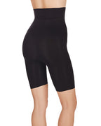 Women's black high-waisted firming thigh shaper on a white background