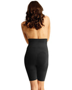 Women's black high-waisted firming thigh shaper on a white background