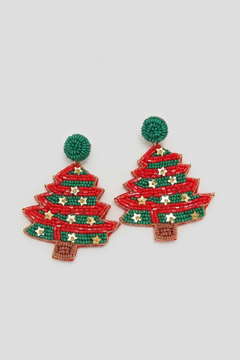 Holiday Christmas Tree Seed Bead Earrings-Green