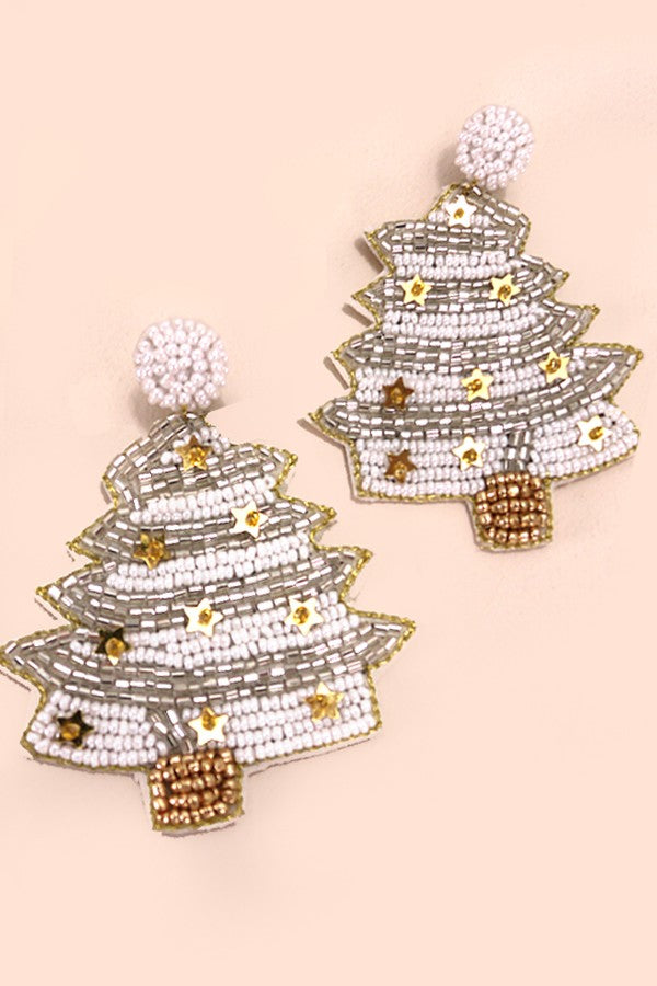 Holiday Christmas Tree Seed Bead Earrings-White