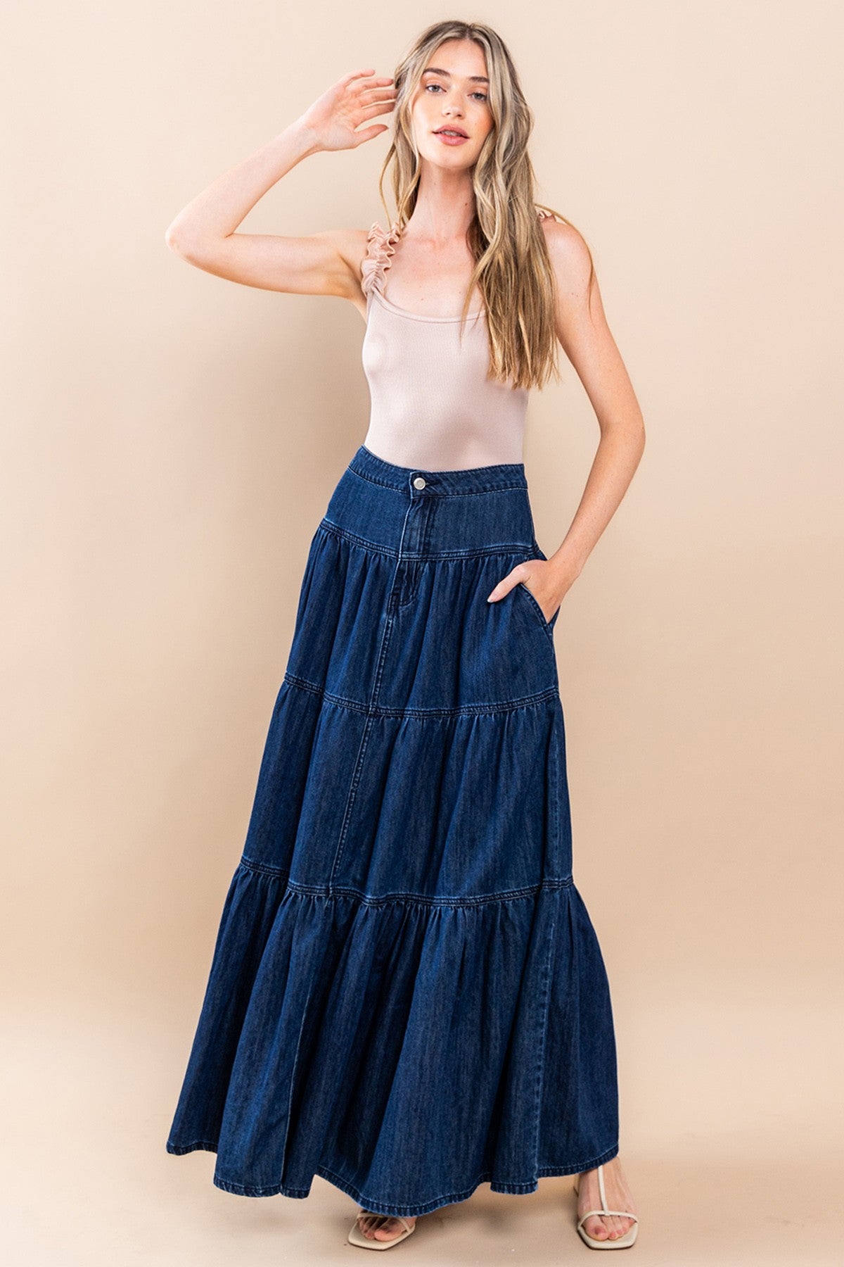 Tiered Denim Maxi Skirt-Dark Denim